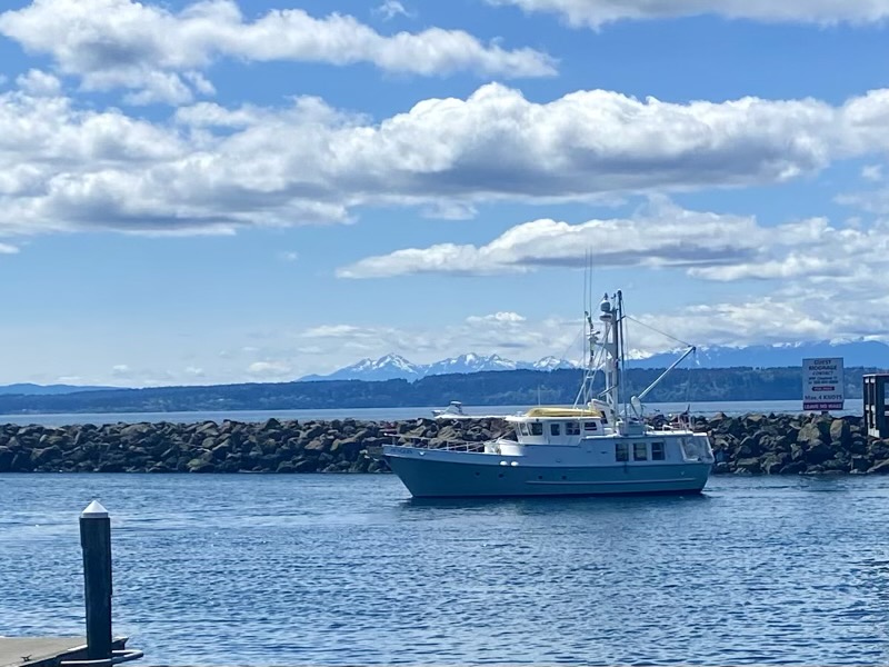 Penguin, a beautiful Nordhavn 46, entering the northern breakwater.